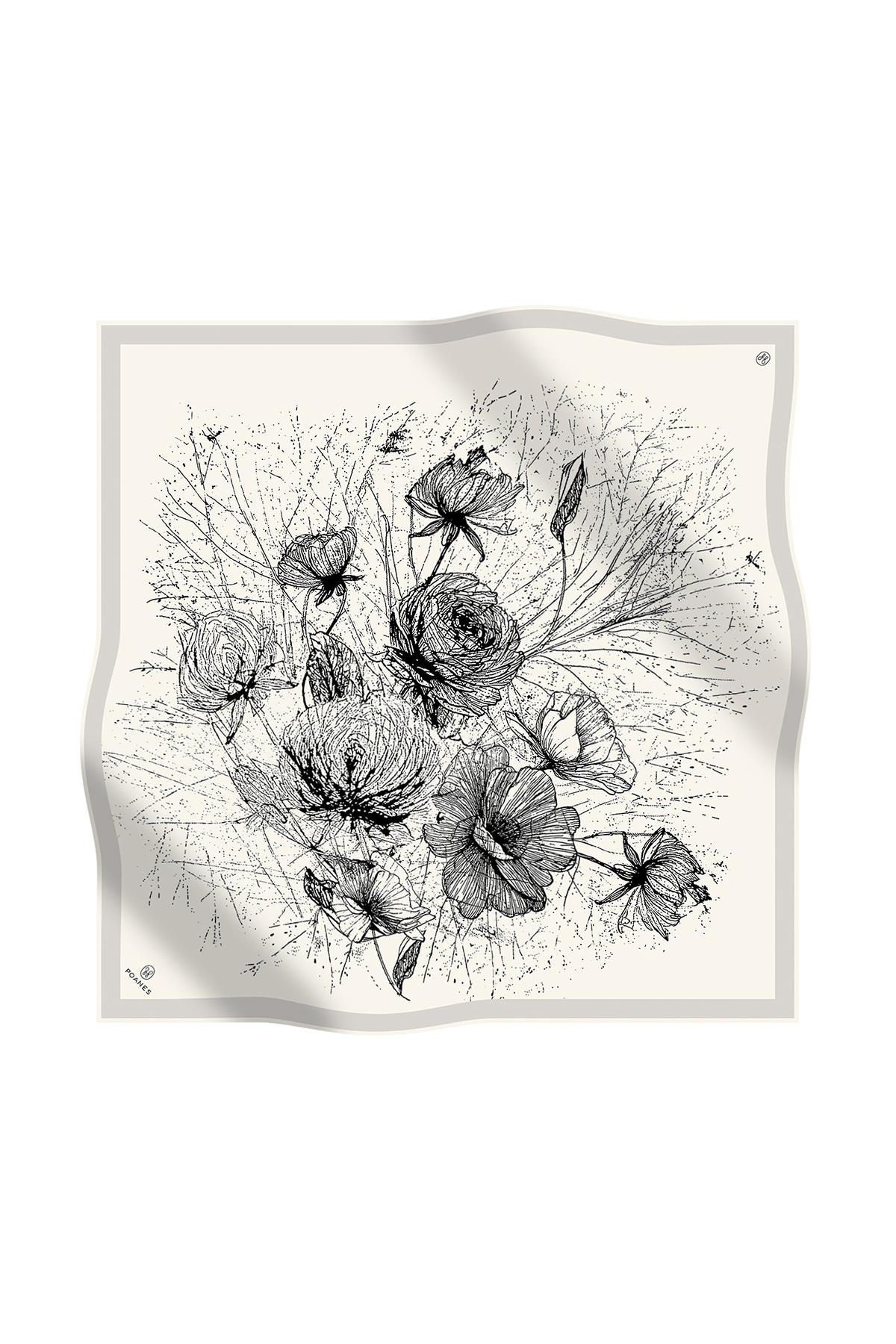 Poanes ÇİZİM ÇİÇEK DESENLİ TWILL İPEK EŞARP