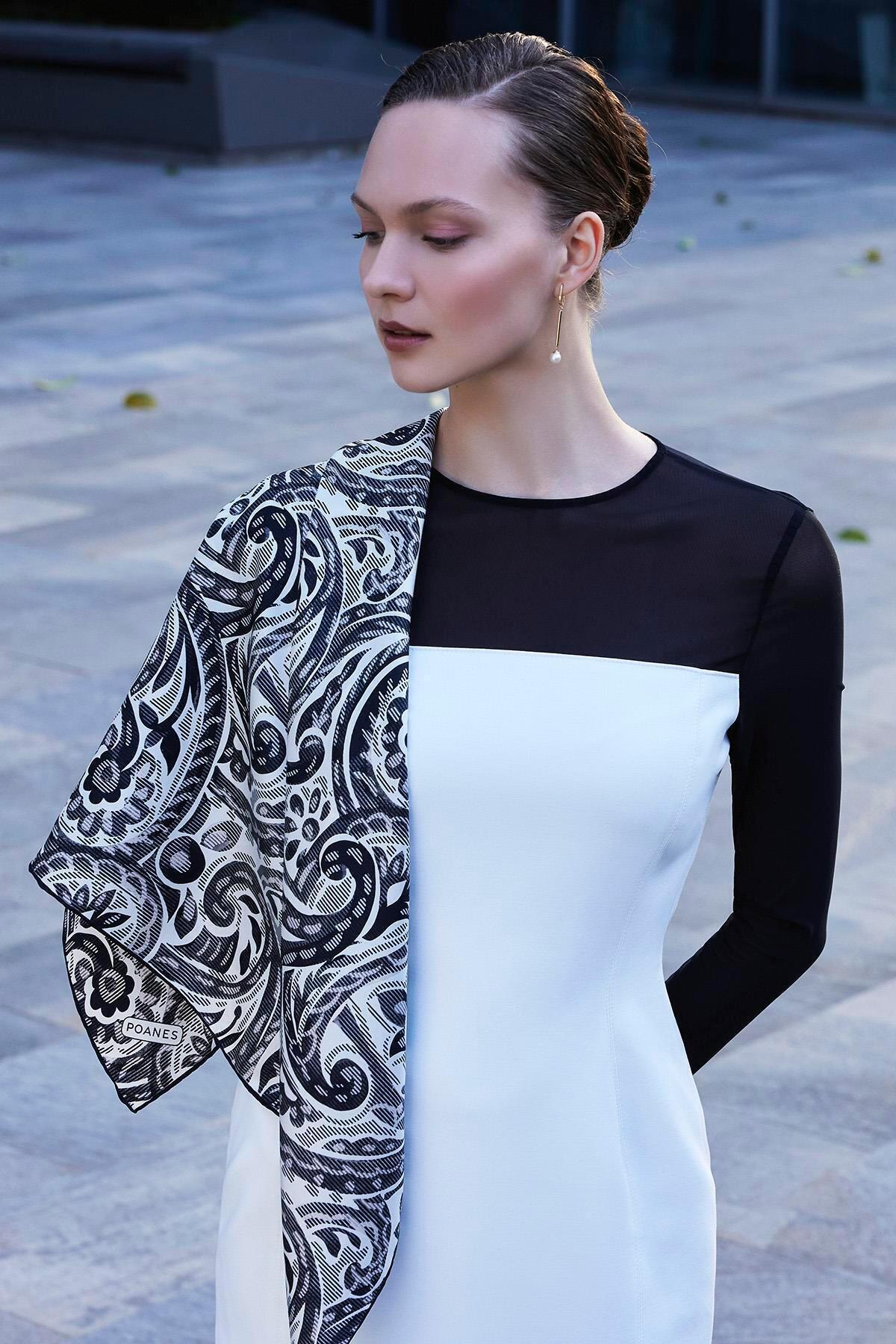 Poanes Paisley Dalgası Desenli Twill İpek Eşarp görseli 3