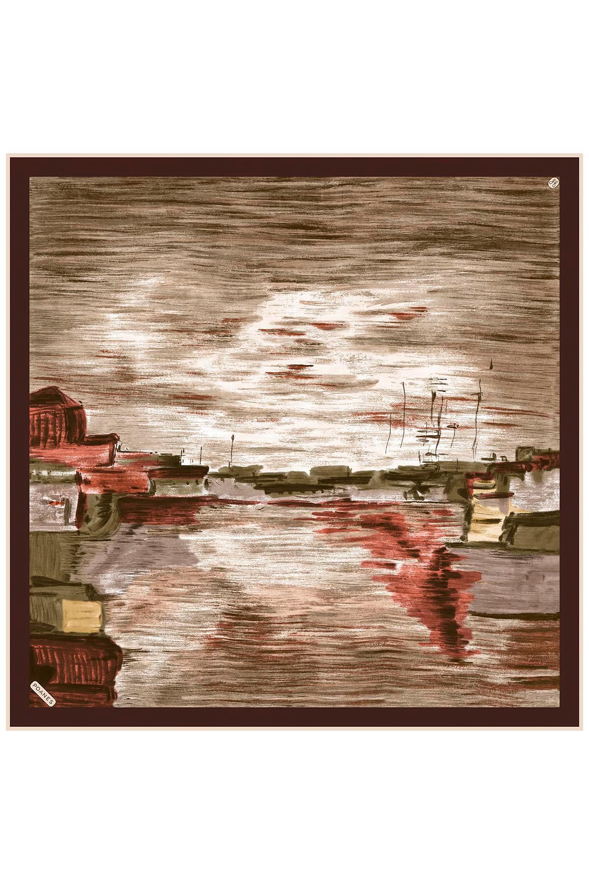 Poanes Günbatımı Desenli Twill İpek Eşarp görseli 1